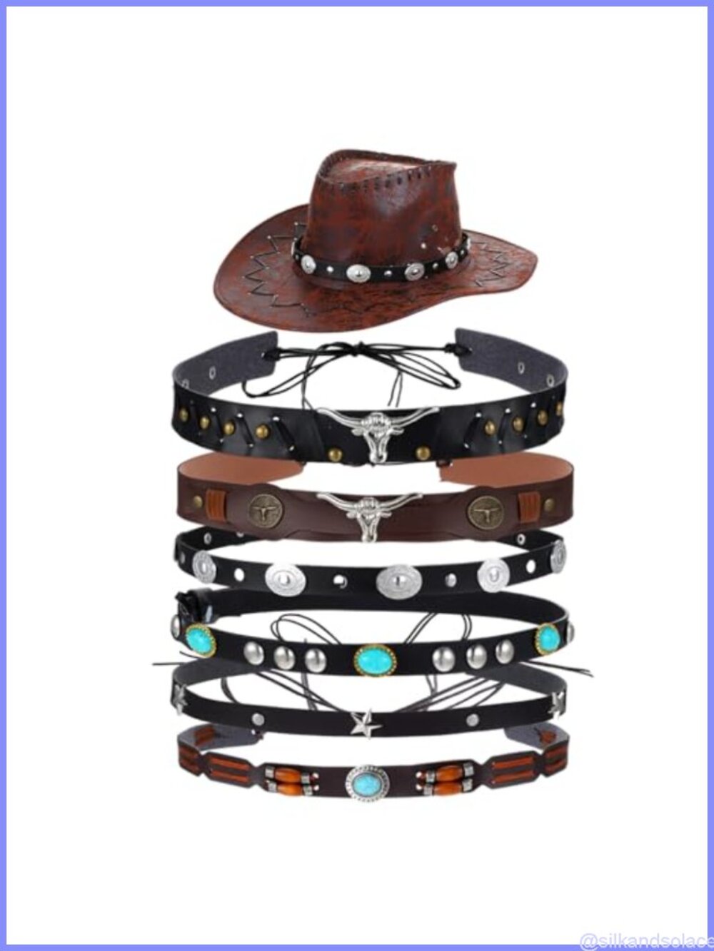 6Pc Western Cowboy Hat Bands PU Leather Copper Alloy Adjustable Hat Accessories
